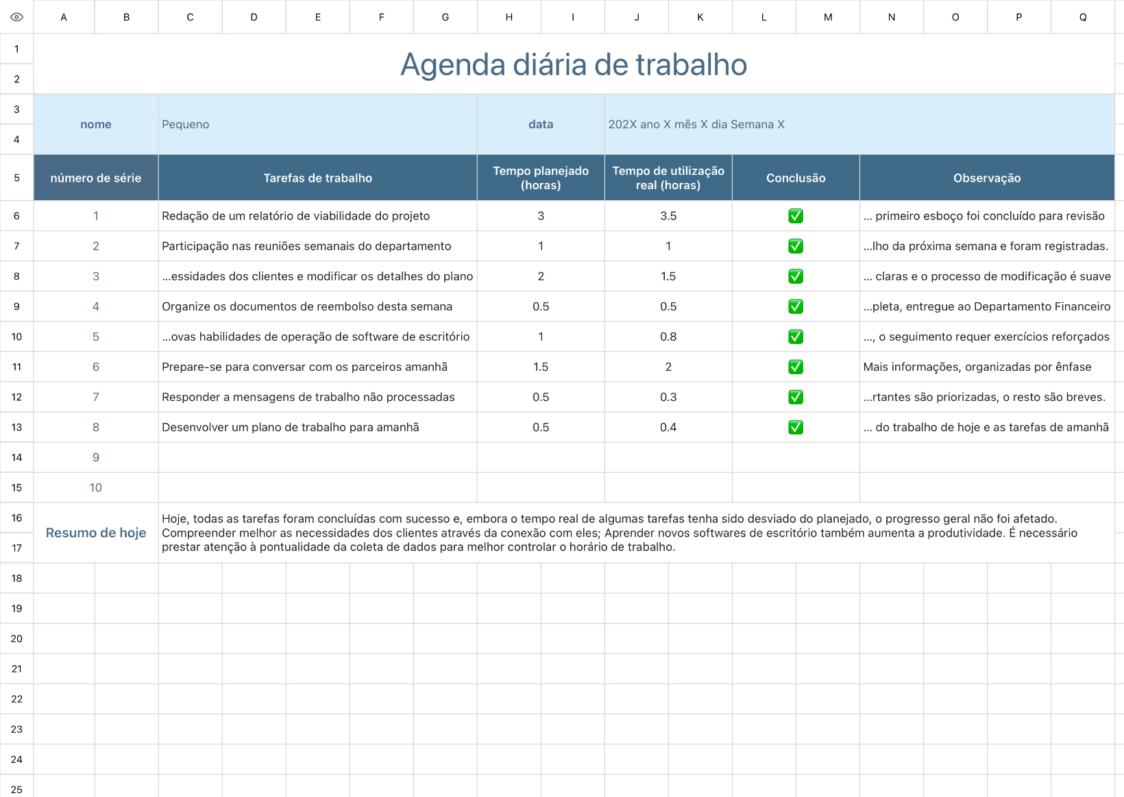 Agenda diária de trabalho